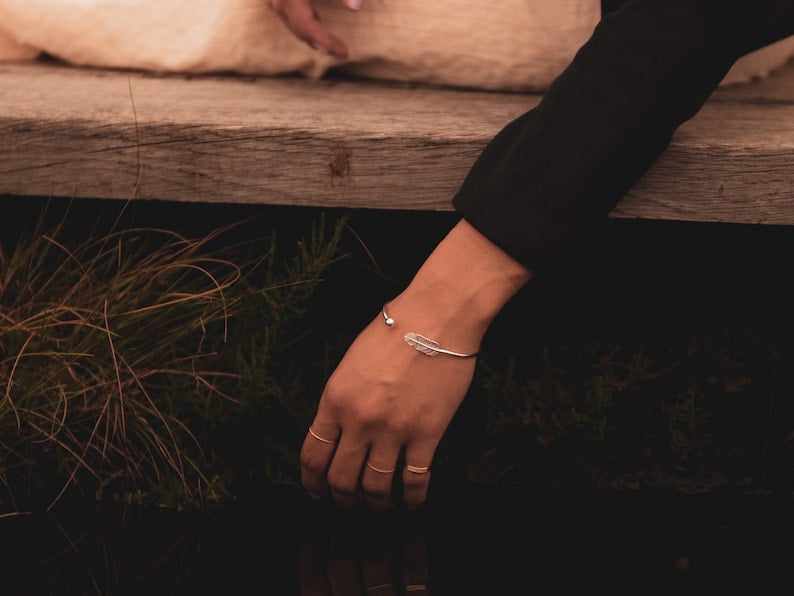 Feather Bangle Bracelet 925 Sterling Silver