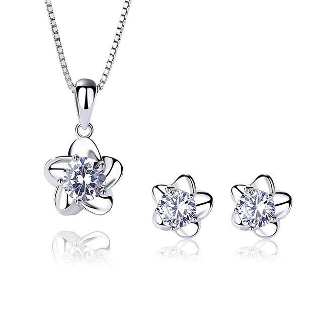 925 Sterling Silver Cubic Zirconia Flower Jewelry Set For Women