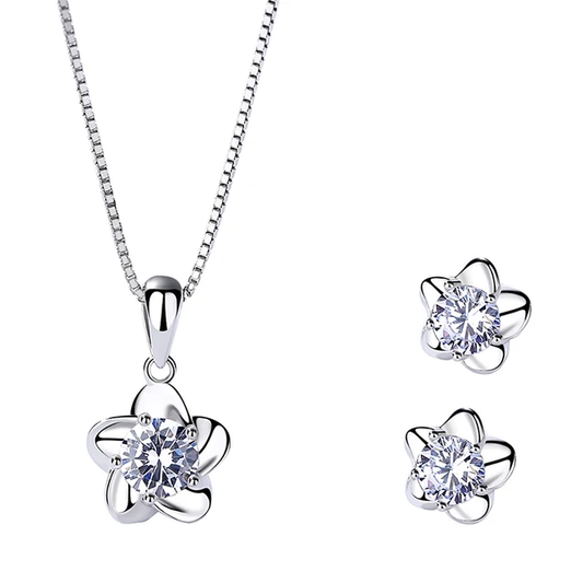 925 Sterling Silver Cubic Zirconia Flower Jewelry Set For Women